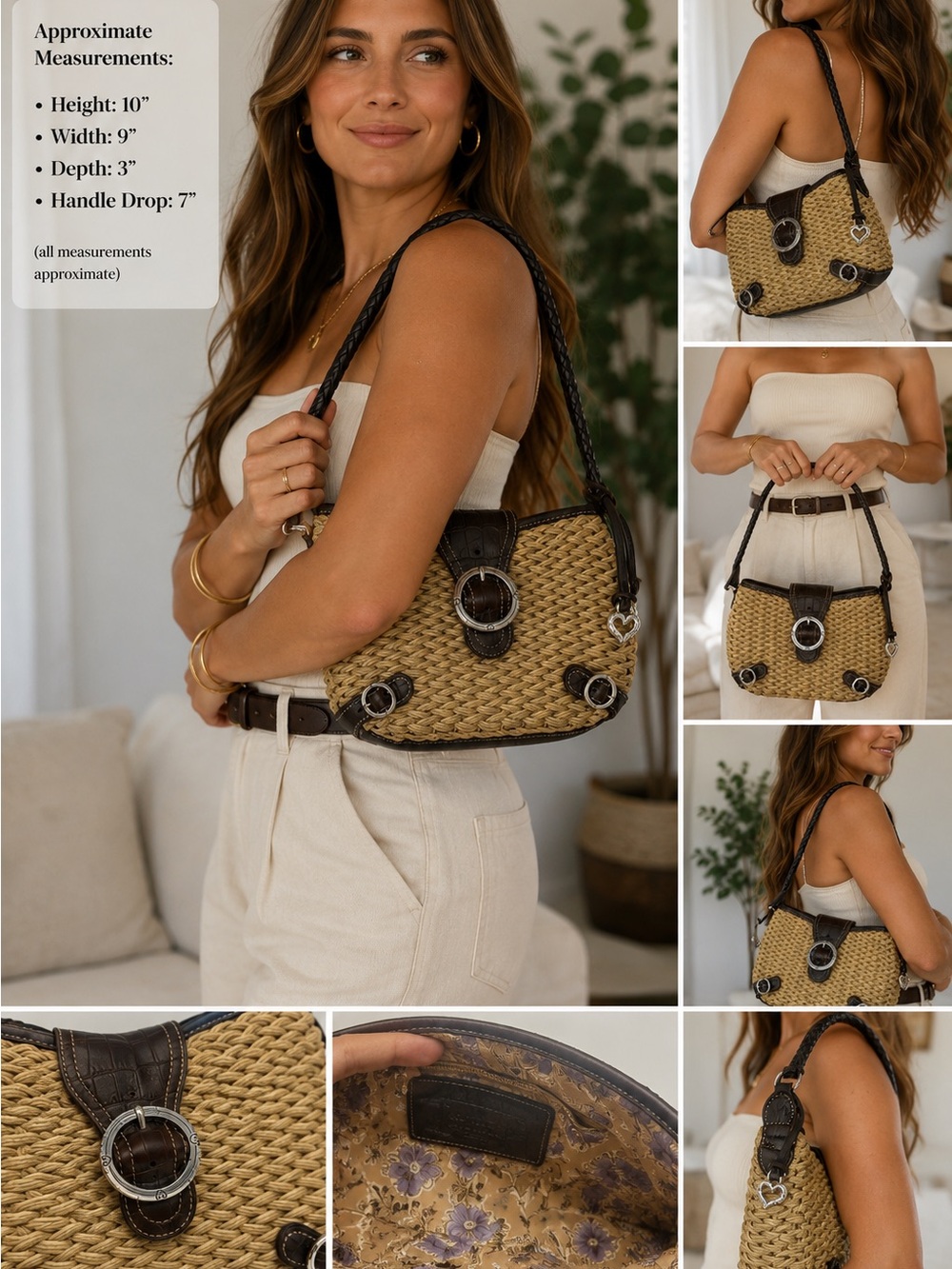 Brighton Straw Woven Shoulder Bag Brown Croc Embossed Leather Trim Handbag